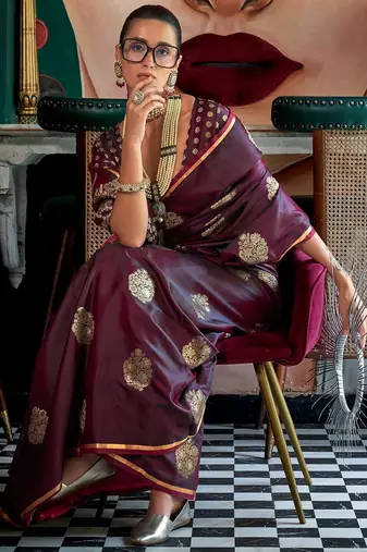 burgundy woven design zari satin banarasi saree