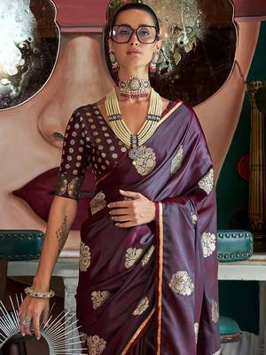 burgundy woven design zari satin banarasi saree 4