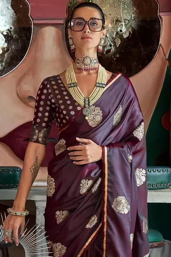 burgundy woven design zari satin banarasi saree