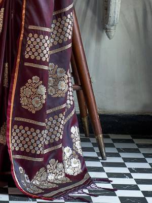 burgundy woven design zari satin banarasi saree 5