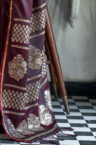 burgundy woven design zari satin banarasi saree