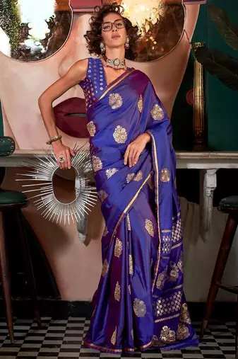 purple ethnic motif zari woven satin banarasi saree