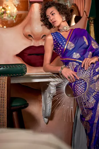 purple ethnic motif zari woven satin banarasi saree
