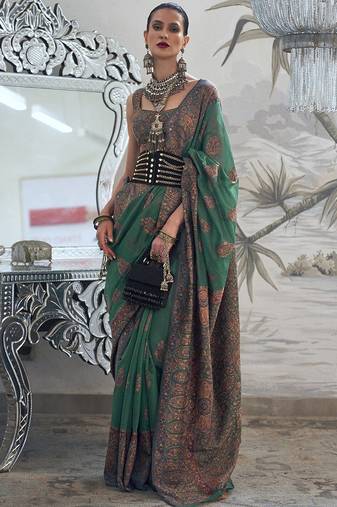 green ethnic motifs woven design zari silk blend banarasi saree