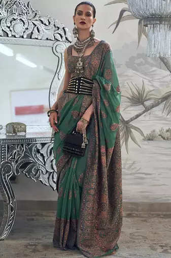 green ethnic motifs woven design zari silk blend banarasi saree
