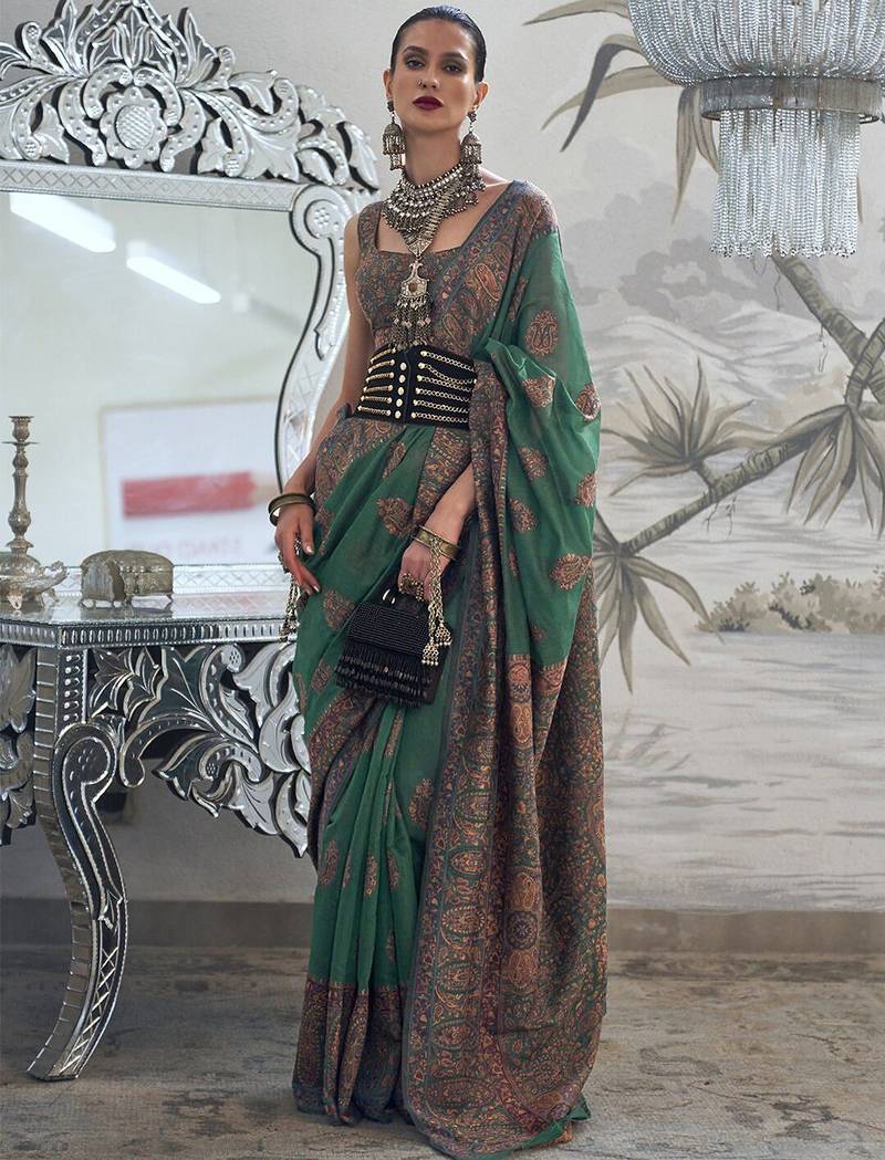 green ethnic motifs woven design zari silk blend banarasi saree
