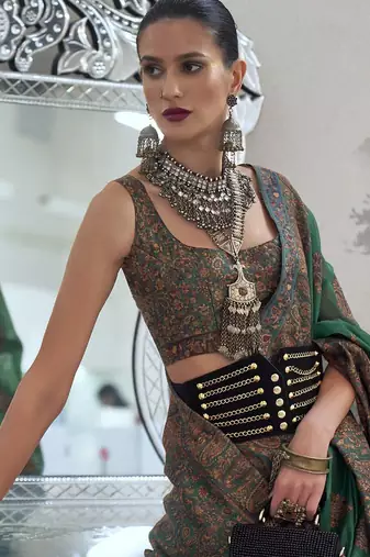 green ethnic motifs woven design zari silk blend banarasi saree