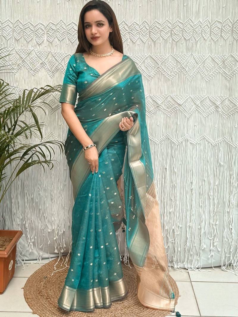 teal woven design zari organza designer banarasi saree