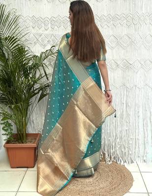 teal woven design zari organza designer banarasi saree 2
