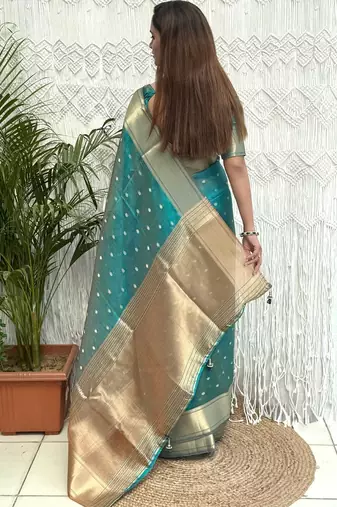teal woven design zari organza designer banarasi saree