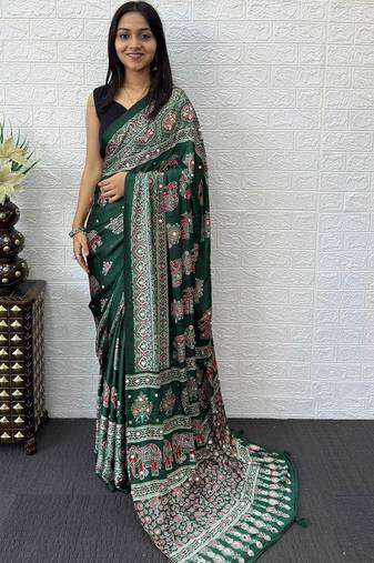 green ajrak block mirror work bandhani saree