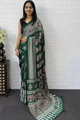 green ajrak block mirror work bandhani saree