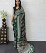 green ajrak block mirror work bandhani saree