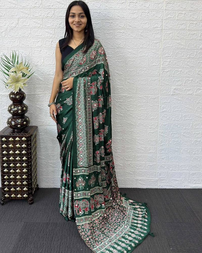 green ajrak block mirror work bandhani saree