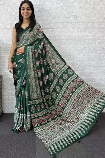 green ajrak block mirror work bandhani saree