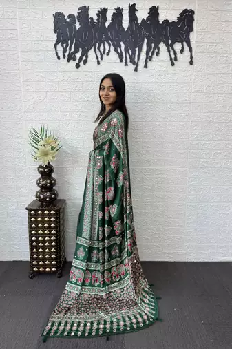 green ajrak block mirror work bandhani saree
