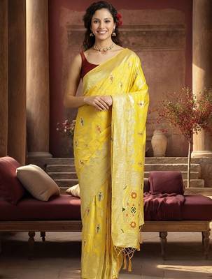 yellow woven design zari silk blend designer banarasi saree 1
