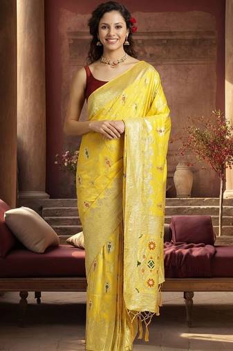 yellow woven design zari silk blend designer banarasi saree