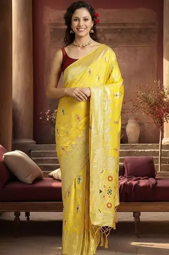 yellow woven design zari silk blend designer banarasi saree