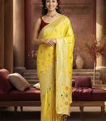 yellow woven design zari silk blend designer banarasi saree