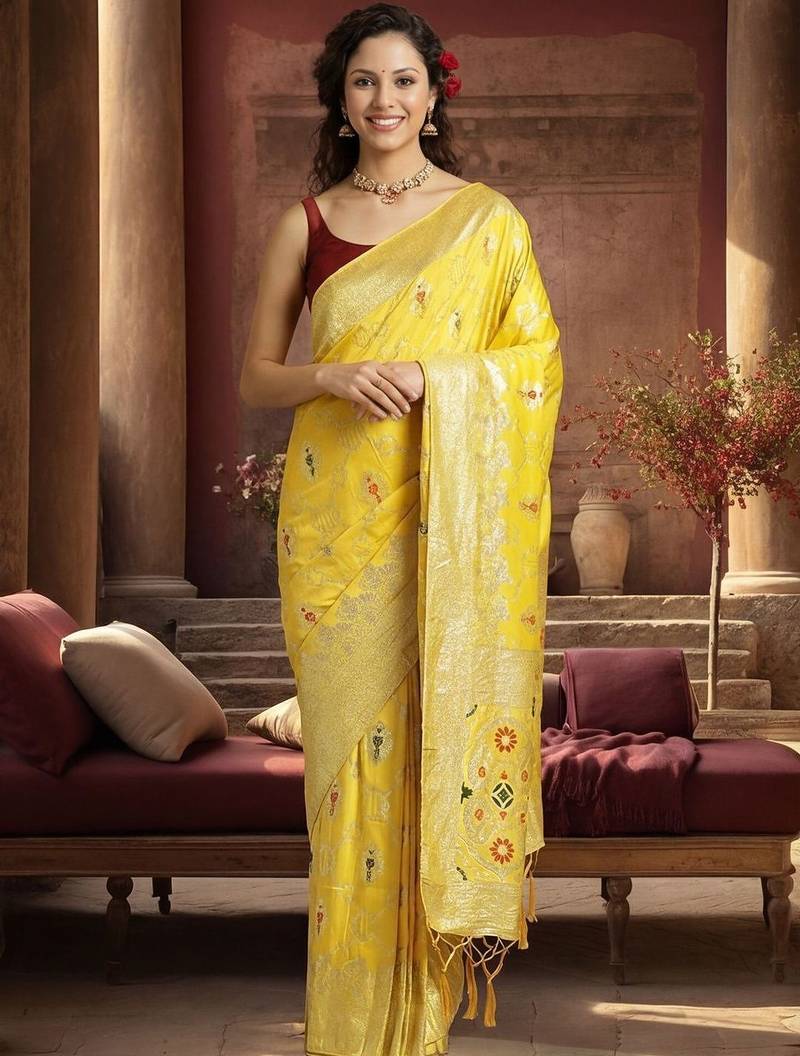 yellow woven design zari silk blend designer banarasi saree