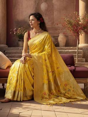 yellow woven design zari silk blend designer banarasi saree 2