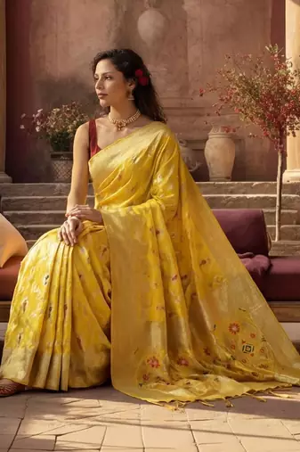 yellow woven design zari silk blend designer banarasi saree