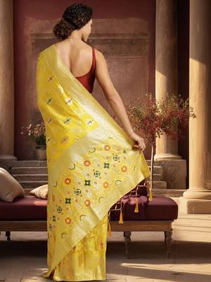 yellow woven design zari silk blend designer banarasi saree 3