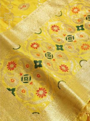 yellow woven design zari silk blend designer banarasi saree 4