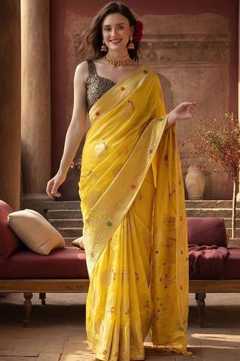 yellow woven design zari silk blend designer banarasi saree