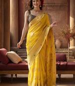 yellow woven design zari silk blend designer banarasi saree
