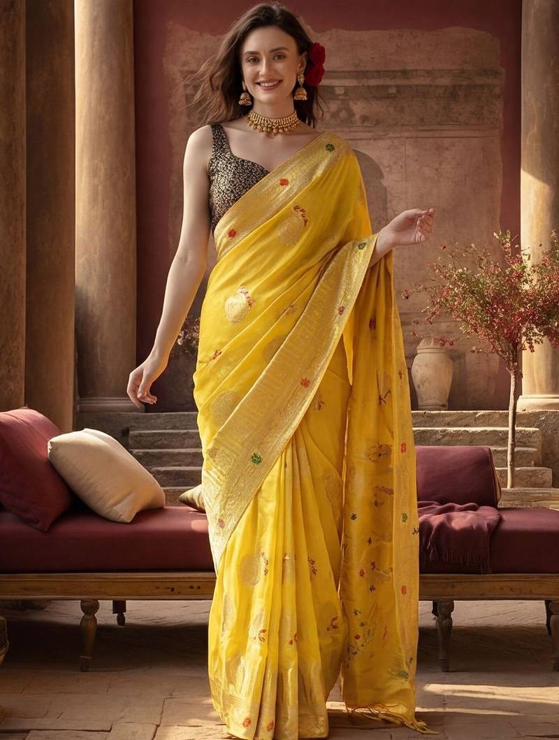 yellow woven design zari silk blend designer banarasi saree