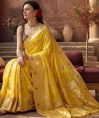 yellow woven design zari silk blend designer banarasi saree 2