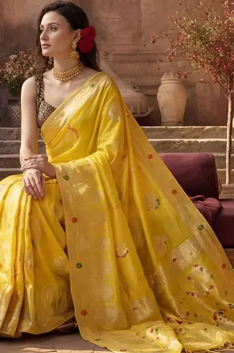 yellow woven design zari silk blend designer banarasi saree