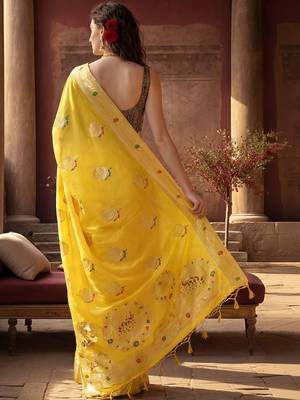 yellow woven design zari silk blend designer banarasi saree 3