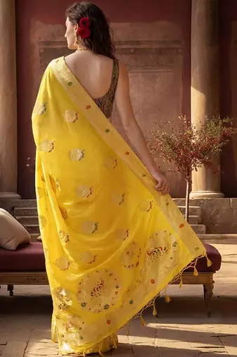 yellow woven design zari silk blend designer banarasi saree