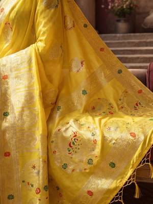 yellow woven design zari silk blend designer banarasi saree 4