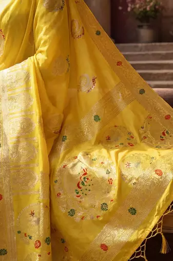 yellow woven design zari silk blend designer banarasi saree