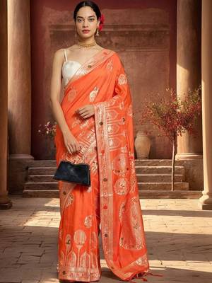 orange woven design zari silk blend designer banarasi saree 1