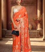 orange woven design zari silk blend designer banarasi saree