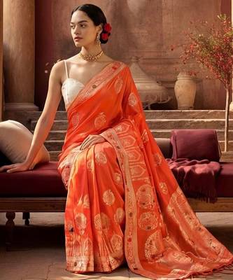 orange woven design zari silk blend designer banarasi saree 2