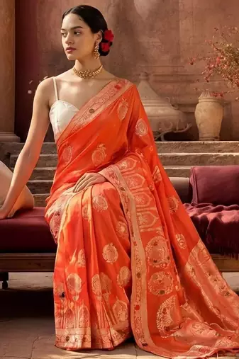 orange woven design zari silk blend designer banarasi saree