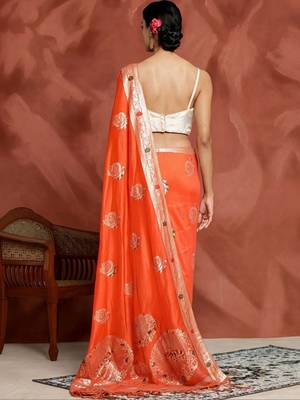 orange woven design zari silk blend designer banarasi saree 3