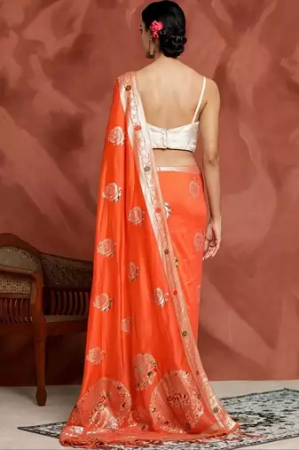 orange woven design zari silk blend designer banarasi saree