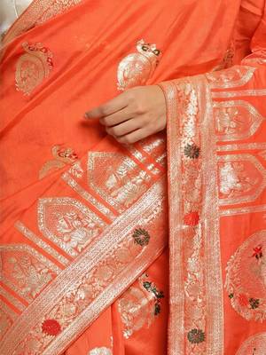orange woven design zari silk blend designer banarasi saree 4