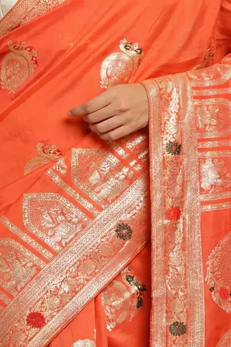 orange woven design zari silk blend designer banarasi saree