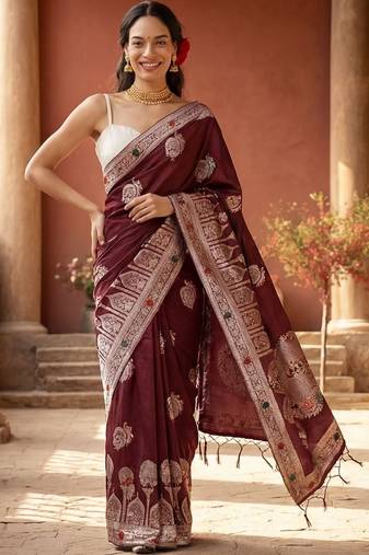 maroon woven design zari silk blend designer banarasi saree