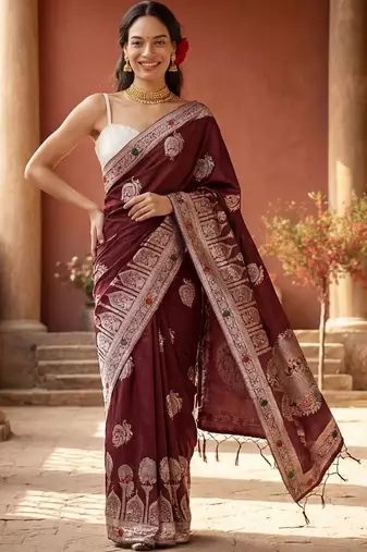 maroon woven design zari silk blend designer banarasi saree