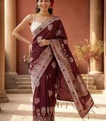maroon woven design zari silk blend designer banarasi saree
