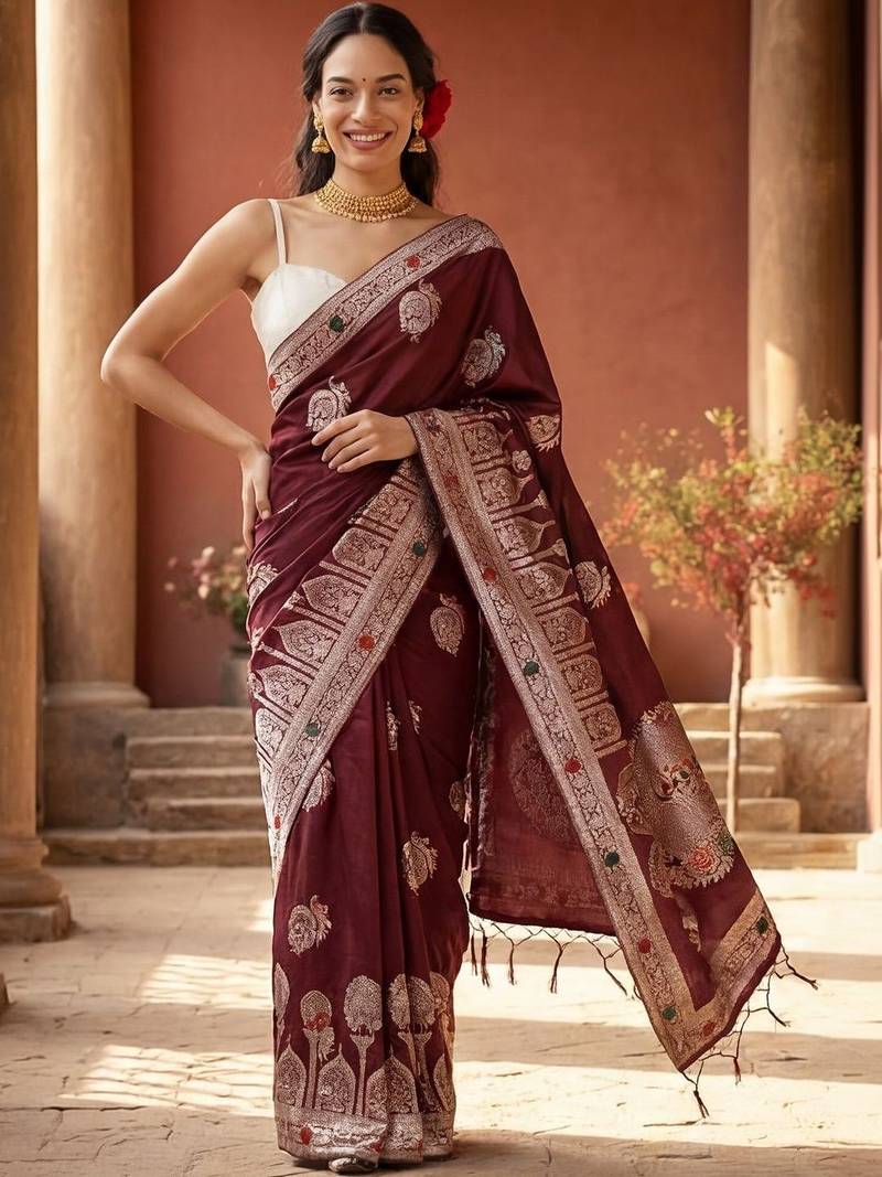 maroon woven design zari silk blend designer banarasi saree